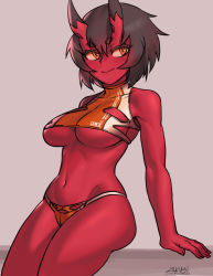 Rule 34 | 1girl, arm support, black hair, bra, breasts, brown hair, closed mouth, colored skin, fingernails, grey background, horns, kidouko (zakusi), large breasts, looking at viewer, navel, oni, oni horns, orange bra, orange eyes, orange panties, original, panties, red oni, red skin, revision, short hair, signature, simple background, sitting, smile, solo, sports bra, toned, underboob, underwear, zakusi