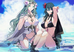 Rule 34 | 2girls, bare shoulders, beach, bikini, black bikini, black cape, black vs white, blue eyes, blue hair, blue sky, blush, breasts, byleth (female) (fire emblem), byleth (female) (summer) (fire emblem), byleth (fire emblem), cape, cleavage, closed mouth, cloud, collarbone, day, female focus, fire emblem, fire emblem: three houses, fire emblem heroes, flower, green eyes, green hair, hair between eyes, hair flower, hair ornament, hand on own chest, hand up, kneeling, large breasts, long hair, looking at viewer, midriff, multiple girls, navel, nintendo, ocean, official alternate costume, outdoors, rhea (fire emblem), ribbon, sidelocks, sitting, sky, smile, sparkle, swimsuit, tiara, tsukimura noe, water, weapon, white bikini, wrist ribbon