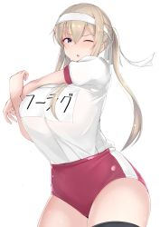 Rule 34 | 1girl, absurdres, alternate breast size, alternate costume, black thighhighs, blonde hair, blue eyes, blush, breasts, buruma, cleavage, commentary request, contemporary, cowboy shot, graf zeppelin (kancolle), gym shirt, gym uniform, hair between eyes, hair over shoulder, headband, highres, huge breasts, kantai collection, long hair, looking at viewer, maruyaa (malya1006), name tag, one eye closed, open mouth, red buruma, shirt, shirt tucked in, short sleeves, simple background, solo, stretching, thighhighs, thighs, twintails, white shirt