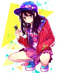 Rule 34 | 1girl, black hair, censored, commentary request, hand in pocket, hat, headphones, headphones around neck, hood, hooded jacket, jacket, kamen rider, kamen rider ex-aid (series), long hair, looking at viewer, middle finger, peaked cap, pointless censoring, pout, saiba niko, solo, squatting, sunako (sunako2)