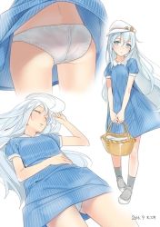 Rule 34 | 10s, 1girl, 2016, alternate costume, ama mitsuki, ass, basket, black socks, blue dress, blue eyes, close-up, closed eyes, commentary request, dated, dress, flat cap, gluteal fold, hair between eyes, hammer and sickle, hand on own stomach, hat, hibiki (kancolle), kantai collection, lips, long hair, looking at viewer, lying, mary janes, on back, panties, pantyshot, parted lips, shoes, short dress, silver hair, sleeping, socks, striped clothes, striped dress, thighs, underwear, verniy (kancolle), white panties