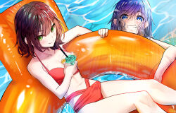 Rule 34 | 2girls, :d, bikini, blue eyes, blue hair, blush, breasts, brown hair, cleavage, cocktail glass, collarbone, commentary request, cup, drink, drinking glass, from above, green eyes, grin, hair between eyes, hinami aoi, holding, holding drink, innertube, jaku-chara tomozaki-kun, long hair, looking at viewer, lying, medium hair, multi-strapped bikini bottom, multiple girls, nanami minami, navel, on back, open mouth, orange innertube, partially submerged, red bikini, small breasts, smile, swept bangs, swim ring, swimsuit, tutler, water, wet