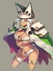 Rule 34 | 1girl, belt bra, breasts, brown eyes, cape, dark-skinned female, dark skin, female focus, guilty gear, guilty gear xrd, hat, highres, large breasts, melon22, midriff, ramlethal valentine, short shorts, shorts, simple background, solo, thigh strap, white hair