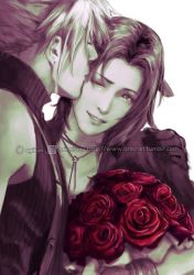 Rule 34 | 1boy, 1girl, aerith gainsborough, arm around shoulder, blonde hair, bouquet, bracelet, brilcrist, brown hair, choker, cloud strife, couple, final fantasy, final fantasy vii, final fantasy vii remake, flower, gloves, hair ribbon, holding, holding bouquet, jacket, jewelry, kissing hair, necklace, one eye closed, parted bangs, parted lips, red flower, red rose, ribbon, rose, sleeveless, sleeveless turtleneck, smile, spiked hair, square enix, suspenders, turtleneck, upper body, white background, wink