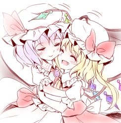 Rule 34 | 2girls, :d, ^ ^, ascot, bat wings, blonde hair, blue hair, blush, bow, brooch, closed eyes, cowboy shot, crystal, fang, flandre scarlet, hat, hat bow, hug, jewelry, minust, mob cap, multiple girls, open mouth, puffy short sleeves, puffy sleeves, remilia scarlet, sash, short hair, short sleeves, siblings, side ponytail, sisters, skirt, skirt set, smile, touhou, wings