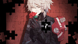 Rule 34 | 1boy, armored gloves, barcode, barcode tattoo, black bodysuit, bodysuit, closed eyes, covered mouth, facial tattoo, flower, grey hair, hair between eyes, highres, holding, holding flower, jigsaw puzzle, leaf, low-tied sidelocks, male focus, punishing: gray raven, puzzle, red flower, red rose, roland: flambeau (punishing: gray raven), roland (punishing: gray raven), rose, short hair, single shoulder pad, smelling flower, solo, tattoo, upper body, zhou huan (dgpe2833)
