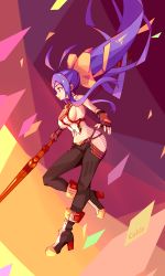 Rule 34 | 1girl, antenna hair, blazblue, blazblue: central fiction, blazblue variable heart, breasts, fingerless gloves, genderswap, genderswap (mtf), gloves, highres, holding, holding weapon, large breasts, long hair, mai natsume, midriff, navel, ponytail, purple hair, red eyes, smile, solo, tagme, very long hair, weapon