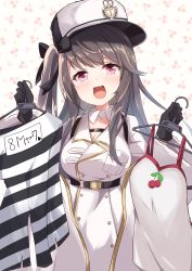Rule 34 | 1girl, :d, acchii (akina), azur lane, belt, black gloves, black hair, blush, bow, breasts, cleavage, clothes hanger, coat, commentary request, dual wielding, gloves, hair between eyes, hair bow, hair ribbon, hat, highres, holding, large breasts, long hair, long sleeves, looking at viewer, one side up, open mouth, pamiat merkuria (azur lane), prison clothes, purple eyes, ribbon, shirt, sidelocks, simple background, smile, solo, translation request, white hat, winter clothes, winter coat