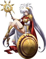 Rule 34 | 1girl, armor, bare legs, breasts, cape, cleavage, closed mouth, dress, floating hair, full body, hair between eyes, hair ornament, highres, holding, holding staff, langrisser, langrisser iii, long dress, long hair, luna (langrisser), medium breasts, official art, red cape, red eyes, shield, shiny skin, shoulder armor, side slit, silver hair, smile, solo, staff, standing, thighlet, toeless legwear, transparent background, twintails, very long hair, white dress