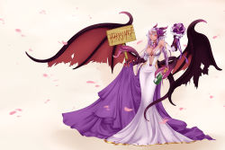 Rule 34 | 1girl, absurdres, alcohol, alternate costume, animal hands, bottle, bouquet, breasts, center opening, champagne, claws, dark-skinned female, dark skin, demon wings, detached collar, dragon girl, dress, extra tongue, flower, hair flower, hair ornament, highres, horns, jabberwock (monster girl encyclopedia), jing li, long dress, long hair, long tongue, looking at viewer, medium breasts, monster girl, monster girl encyclopedia, mouth hold, multicolored hair, navel, petals, purple hair, red eyes, signpost, silver hair, skirt hold, smile, solo, source request, tail, teeth, tentacles, tongue, tongue out, two-tone hair, very long hair, wedding dress, white dress, wings