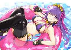 Rule 34 | 1girl, absurdres, bare shoulders, bb (fate), bb (fate) (all), bb (swimsuit mooncancer) (fate), bb (swimsuit mooncancer) (second ascension) (fate), bee doushi, belt, belt buckle, bikini, blush, breasts, buckle, choker, cleavage, commentary request, fate/grand order, fate (series), fingerless gloves, floating, gloves, hair between eyes, hairband, heart, heart-shaped pupils, highres, large breasts, long hair, looking at viewer, midriff, nail polish, one eye closed, purple eyes, purple hair, sleeveless, solo, swimsuit, symbol-shaped pupils, thighhighs, tongue, tongue out, water