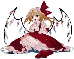Rule 34 | 1girl, blonde hair, bow, commentary request, dress, flandre scarlet, hat, hat bow, highres, ikurauni, looking at viewer, mob cap, open mouth, petticoat, puffy short sleeves, puffy sleeves, red bow, red dress, red eyes, red footwear, short sleeves, side ponytail, sitting, smile, socks, solo, touhou, white socks, wings, wrist cuffs
