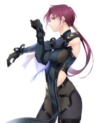 Rule 34 | 1girl, bazett fraga mcremitz, between breasts, black bodysuit, black gloves, blue bodysuit, blue necktie, bodysuit, breasts, closed mouth, commentary request, exercising, fate/grand order, fate (series), gloves, groin, highres, large breasts, long hair, long sleeves, looking at viewer, low ponytail, manannan mac lir (fate), manannan mac lir (second ascension) (fate), mole, mole under eye, necktie, necktie between breasts, okonon (kado colda), pelvic curtain, purple eyes, purple hair, serious, simple background, solo, two-tone bodysuit, white background