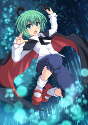 Rule 34 | 1girl, antennae, aqua eyes, cape, cross (crossryou), fireflies, forest, green hair, hands up, jumping, knickers, long sleeves, looking at viewer, nature, night, open mouth, outdoors, shirt, short hair, sky, socks, solo, star (sky), starry sky, touhou, white shirt, white socks, wriggle nightbug
