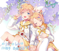 Rule 34 | 1boy, 1girl, animal, animal in clothes, artist request, blonde hair, blue eyes, blush, brother and sister, cat, closed eyes, floral background, flower, hair flower, hair ornament, hand on own stomach, holding hands, kagamine len, kagamine rin, kneehighs, long sleeves, nail polish, open mouth, pleated skirt, sailor collar, shirt, short hair, shorts, siblings, signature, sitting, skirt, sleeping, socks, suspenders, twins, vocaloid, white shirt, white socks, yawning, yellow nails, yellow shorts, yellow skirt