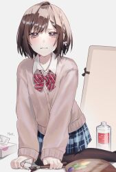 Rule 34 | 1girl, artist name, black pantyhose, blue skirt, bottle, bow, braid, brown eyes, brown hair, buttons, collared shirt, commentary request, feet out of frame, highres, holding, holding paintbrush, hue 0813, kamiyama high school uniform (project sekai), looking at viewer, paint, paint tube, paintbrush, palette (object), pantyhose, parted lips, pleated skirt, project sekai, red bow, school uniform, shinonome ena, shirt, short hair, side braid, simple background, single braid, skirt, sleeves past wrists, solo, striped bow, tears, tears from one eye, tissue, tissue box, white background, white shirt