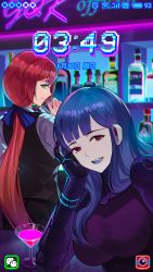 Rule 34 | 2girls, alternate costume, android, bar (place), bartender, blue hair, bottle, brown hair, cellphone, cocktail glass, crossover, cup, drinking glass, english text, girls&#039; frontline, green eyes, highres, jizhi shaojiu, kira miki, long hair, springfield (girls&#039; frontline), multiple girls, phone, ponytail, red eyes, selfie, smartphone, va-11 hall-a, wine bottle