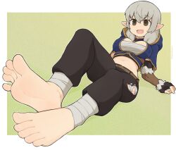 Rule 34 | 1girl, bandages, barefoot, breasts, brown eyes, feet, fingerless gloves, foot focus, gloves, grey hair, highres, large breasts, midriff, open mouth, original, pants, pointy ears, simple background, softhanten, soles, solo, toes