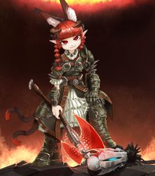 Rule 34 | 1boy, 1girl, animal ears, armor, armored boots, armored dress, axe, bad end, bigcat 114514, boots, braid, cat ears, cat tail, cosplay, crossover, doom (series), doom eternal, energy axe, extra ears, fang, fire, gauntlets, hair ribbon, hell, highres, kaenbyou rin, looking at viewer, marauder (doom eternal), marauder (doom eternal) (cosplay), multiple tails, pointy ears, red eyes, red hair, ribbon, robot, samuel hayden, severed head, smirk, solo focus, standing, stepped on, tail, touhou, twin braids, twitter username