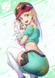 Rule 34 | 1girl, aqua jacket, ass, blonde hair, blush, commentary request, cropped jacket, eyewear on head, green eyes, green footwear, heanna sumire, highres, jacket, looking at viewer, love live!, love live! superstar!!, novady, open mouth, red headwear, shoes, short sleeves, smile, solo, sunglasses, teeth, thighhighs, time paradox, upper teeth only, white thighhighs, zettai ryouiki