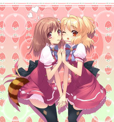 Rule 34 | 2girls, :3, ;o, blush, flower, flyable heart, food, fruit, hair flower, hair ornament, heart, highres, holding hands, inaba yui, ito noizi, mouth hold, multiple girls, official art, one eye closed, pocky, raccoon tail, school uniform, short hair, skirt, strawberry, sumeragi amane (flyable heart), tail, thighhighs, wince, wink, zettai ryouiki