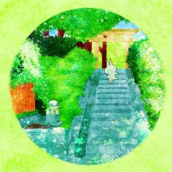 Rule 34 | animal, bush, cat, green theme, highres, nature, no humans, original, outdoors, oyuge design, round image, scenery, solo, stairs, stone stairs, summer, torii, tree, walking
