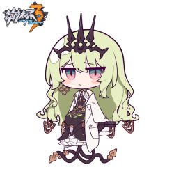 Rule 34 | 1girl, bare shoulders, black dress, blush stickers, chibi, closed mouth, copyright name, dress, eta, full body, green hair, hair between eyes, honkai (series), honkai impact 3rd, long hair, mobius (honkai impact), off shoulder, open clothes, pink eyes, simple background, sitting, sleeveless, sleeveless dress, solo, very long hair, white background