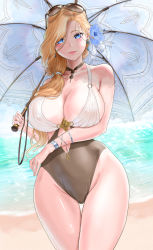 Rule 34 | 1girl, azur lane, bare shoulders, beach, blonde hair, blue eyes, blush, breasts, choker, cleavage, clothing cutout, dorian oishiiyo, earrings, eyewear on head, flower, hair behind ear, hair flower, hair ornament, hair over shoulder, highres, hood (azur lane), hood (lady of the shining sun) (azur lane), jewelry, large breasts, long hair, looking at viewer, low tied hair, ocean, official alternate costume, one-piece swimsuit, pink lips, sand, stomach cutout, swimsuit, thighs, umbrella, water