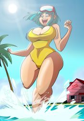 Rule 34 | 1girl, artist request, bare shoulders, barefoot, beach, blue eyes, blue hair, bouncing breasts, breasts, casual one-piece swimsuit, cleavage, cloud, curvy, diving mask, diving mask on head, dragon ball, dragonball z, female focus, from below, goggles, goggles on head, happy, highres, house, island, jumping, kame house, large breasts, long hair, looking to the side, maron (dragon ball), matching hair/eyes, ocean, one-piece swimsuit, outdoors, palm tree, shiny skin, sky, smile, solo, splashing, sun, swimsuit, tree, water, yellow one-piece swimsuit