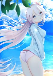 Rule 34 | 1girl, arched back, aties20, beach, bikini, bikini bottom only, blue eyes, blue jacket, blue sky, blush, breasts, closed mouth, cloud, cloudy sky, commentary request, day, flower, frilled bikini, frills, hair between eyes, hair flower, hair ornament, head tilt, horizon, ia (vocaloid), jacket, looking at viewer, looking to the side, medium breasts, ocean, outdoors, palm tree, purple bikini, sand, silver hair, sky, solo, standing, swimsuit, tongue, tongue out, tree, vocaloid, water