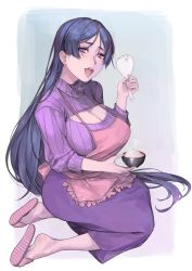 Rule 34 | 1girl, absurdres, alternate costume, apron, bowl, breasts, cleavage, cleavage cutout, clothing cutout, fate/grand order, fate (series), highres, large breasts, long hair, low-tied long hair, minamoto no raikou (fate), motherly, parted bangs, paul dang (podang), purple eyes, purple hair, purple skirt, purple sweater, ribbed sweater, rice, seiza, sitting, skirt, slippers, sweater, very long hair