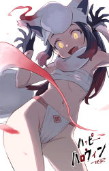 Rule 34 | 1girl, akari (pokemon), animal ears, black gloves, breasts, claw pose, claws, commentary request, cosplay, creatures (company), fundoshi, game freak, gloves, halloween, hands up, hisuian zorua, hisuian zorua (cosplay), japanese clothes, long hair, looking at viewer, navel, nintendo, open mouth, pokemon, pokemon legends: arceus, sarashi, simple background, small breasts, smile, solo, tail, teeth, ter (otokoter), yellow eyes