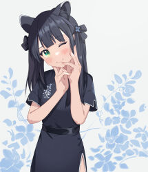 Rule 34 | 1girl, ;), animal ears, black hair, blue archive, blunt bangs, blush, chinese clothes, commentary request, elise (wdsm2344), green eyes, hair ornament, hair ribbon, hands on own face, head tilt, highres, long hair, looking at viewer, one eye closed, ribbon, short sleeves, shun (blue archive), shun (small) (blue archive), side slit, sidelocks, simple background, smile, solo, tiger ears, tiger girl, twintails