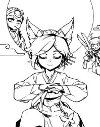 Rule 34 | 3girls, :d, ahoge, ahri (league of legends), alternate costume, alternate hair length, alternate hairstyle, animal ears, bow, closed eyes, closed mouth, diana (league of legends), dress, fox ears, greyscale, gwen (league of legends), hair bow, holding, holding scissors, japanese clothes, kimono, league of legends, long sleeves, looking at another, monochrome, mouth hold, multiple girls, obi, open mouth, oversized object, own hands together, phantom ix row, sash, scissors, short hair, smile