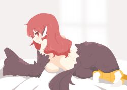 Rule 34 | 1girl, animal ears, ass, big o pants, bird ears, bird legs, bird tail, black feathers, black wings, blush, breasts, feathers, fio-chan (big o pants), harpy, long hair, looking at viewer, looking back, lying, monster girl, on side, original, red eyes, red hair, sideboob, simple background, smile, solo, tail, talons, white background, winged arms, wings