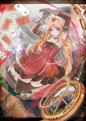 Rule 34 | 1girl, alice (alice in wonderland), alice in wonderland, arms up, bad id, bad pixiv id, black gloves, blonde hair, breasts, brown thighhighs, card, chain, cleavage, dress, gloves, highres, long hair, medium breasts, playing card, red eyes, ribbon, shisu (binzo3), solo, stopwatch, thighhighs, watch