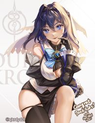Rule 34 | 1girl, arm under breasts, black gloves, black skirt, black thighhighs, blue bow, blue eyes, blue hair, bow, breasts, brooch, chain, chain headband, commentary, congratulations, detached sleeves, elbow rest, english commentary, english text, fang, gloves, hair between eyes, hair intakes, head chain, highres, hololive, hololive english, jewelry, large breasts, milestone celebration, miniskirt, open mouth, ouro kronii, santafe99, shirt, short hair, single thighhigh, sitting, skirt, sleeveless, sleeveless shirt, smile, solo, thighhighs, thighs, twitter username, virtual youtuber, white shirt, white veil, zipper
