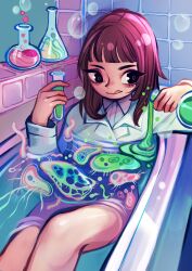 Rule 34 | bare legs, bathroom, bathtub, brown hair, bubble, chemicals, chemistry, commentary, english commentary, feefal, highres, lab coat, medium hair, microbe, original, potion, scientist, tile wall, tiles, tongue, tongue out, vial, water, window