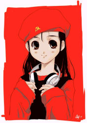 Rule 34 | 1girl, beret, brown eyes, communism, hammer and sickle, hat, headphones, headphones around neck, original, red background, red theme, russia, sennheiser, solo, soviet
