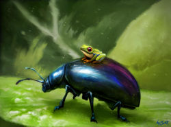 Rule 34 | adlovett, beetle, bug, commentary, english commentary, frog, bug, leaf, no humans, original, red eyes, signature