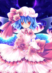 Rule 34 | 1girl, anna (small night), bat wings, blue flower, blue hair, blue rose, bouquet, bow, cloud, dress, eclipse, embellished costume, female focus, flower, hane (x20285), hat, hat bow, hat flower, long sleeves, looking at viewer, night, pink dress, red eyes, red flower, red rose, remilia scarlet, rose, short hair, sky, solo, touhou, wide sleeves, wings