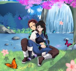 Rule 34 | 1boy, 1girl, absurdres, black hair, bug, butterfly, cherry blossoms, couple, demon slayer uniform, full body, grass, han&#039;you no yashahime, highres, holding hands, hug, hug from behind, insect, inuyasha, japanese clothes, kamado tanjirou, kimetsu no yaiba, multicolored hair, on ground, outdoors, purple eyes, red hair, river, setsuna (inuyasha), sitting, smile, water, waterfall