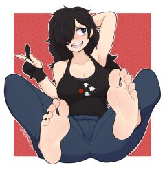 Rule 34 | 1girl, arm up, armpits, black eyes, black hair, black nails, black tank top, blush, border, breasts, feet, foot focus, gloves, hair over one eye, highres, large breasts, legs up, long hair, nail polish, original, partially fingerless gloves, red background, simple background, smile, softhanten, soles, solo, tank top, teeth, toenail polish, toenails, toes, twitter username, upper teeth only, white border