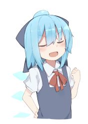 Rule 34 | 1girl, blue bow, blue dress, blue hair, blush, bow, cirno, clenched hand, closed eyes, cropped torso, detached wings, dress, hair bow, hand on own hip, hand up, highres, ice, ice wings, kae karee, medium hair, neck ribbon, open mouth, red ribbon, ribbon, shirt, short sleeves, simple background, smile, solo, touhou, white background, white shirt, wings