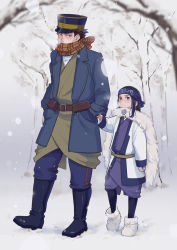 Rule 34 | 10s, 1boy, 1girl, ainu, ainu clothes, asirpa, bandana, black hair, blue eyes, blush, boots, cape, coat, earrings, closed eyes, fingerless gloves, full body, fur boots, fur cape, gloves, golden kamuy, holding hands, hand in pocket, hat, height difference, hoop earrings, jewelry, leg warmers, makuri hk, peaked cap, scar, scar on face, scarf, snow, snowing, sugimoto saichi, tree, winter
