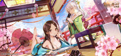 Rule 34 | 2girls, :p, absurdres, akizero1510, barefoot, blue kimono, blue sky, book, breasts, brown hair, cherry blossoms, cleavage, closed eyes, closed mouth, day, eating, flower, food, green kimono, hair ornament, hair stick, highres, holding, holding food, indoors, japanese clothes, kimono, long hair, lying, makizushi, medium breasts, multiple girls, oil-paper umbrella, on stomach, open book, parted bangs, parted lips, petals, pink flower, seiza, shirt, sitting, sky, sushi, tassel, the pose, the symphony of dragon and girls, tongue, tongue out, umbrella, white shirt
