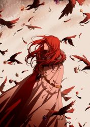 Rule 34 | 1boy, bird, cape, covered eyes, fate/grand order, fate (series), feathers, flower, from side, gloves, highres, holding, holding cape, holding clothes, hopeer ( hopeer ), long hair, looking away, male focus, red hair, solo, tristan (fate), white cape, wind