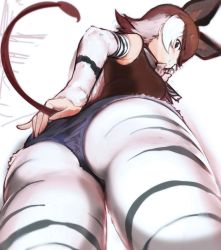 Rule 34 | 1girl, animal print, ass, bare shoulders, bow, bowtie, brown eyes, brown hair, closed mouth, cutoffs, detached sleeves, extra ears, fingernails, flat ass, from behind, from below, grey hair, hand on own ass, highres, kemono friends, looking at viewer, looking back, looking down, medium hair, multicolored hair, okapi (kemono friends), okapi ears, okapi tail, pantyhose, pantyhose under shorts, pinky out, print pantyhose, print sleeves, shibori kasu, shirt, short shorts, shorts, sketch, skindentation, sleeveless, sleeveless shirt, smile, solo, tail, thighs, white hair