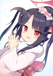 Rule 34 | 1girl, baku-p, blue archive, child, flower, fuuka (blue archive), fuuka (new year) (blue archive), hair bun, hair flower, hair ornament, halo, highres, horns, japanese clothes, kimono, light blush, long hair, long sleeves, looking at viewer, open mouth, own hands together, pink flower, pink kimono, red eyes, sash, simple background, single hair bun, smile, solo, white background