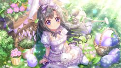 1girl alternate_hairstyle animal animal_ears animal_on_lap arm_support black_hair blue_eyes blush bow breasts bush buttons cleavage closed_mouth day detached_collar dress easter easter_egg egg fake_animal_ears falling_leaves film_grain flower frilled_dress frills from_above game_cg grass hair_bow hair_down itsumura_yukari izumi_tsubasu leaf lens_flare long_hair looking_at_viewer medium_breasts non-circular_lens_flare non-web_source official_art on_lap outdoors pantyhose petting pink_flower plant potted_plant purple_bow purple_dress purple_flower purple_footwear purple_pantyhose purple_wrist_cuffs rabbit_ears re:stage! short_sleeves sitting smile solo sparkle string_of_flags sunlight wagon wariza watering_can white_rabbit_(animal) wicker_basket wind